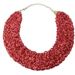 Multi Strand Seed Beads Necklace Red in Goldtone